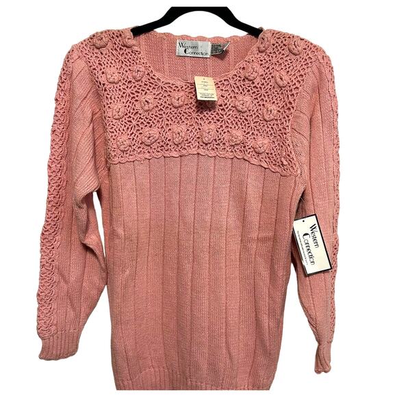 NWT Vintage Western Connection Crochet Knit Sweater M Retro Pink Cottage Prairie - Picture 1 of 9